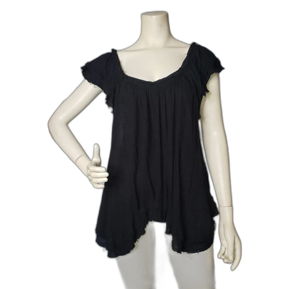 FREE PEOPLE New Girl Asymmetrical Black Sleeveless Ruffle Top Womens Size Medium